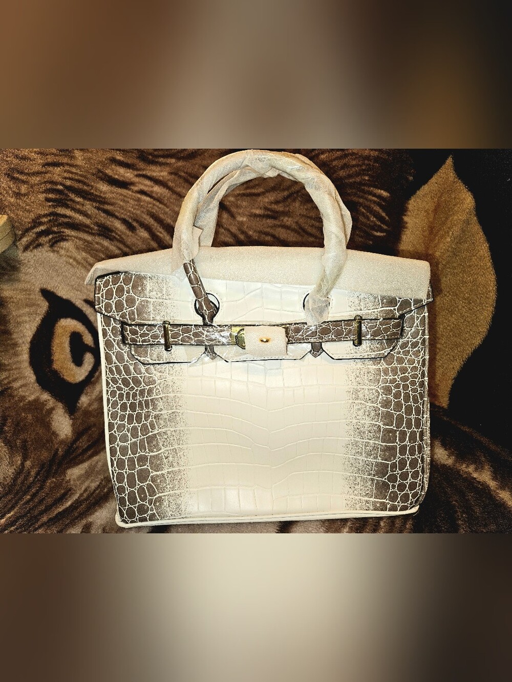 Croc-Embossed Two-Tone White and Taupe Tote Bag